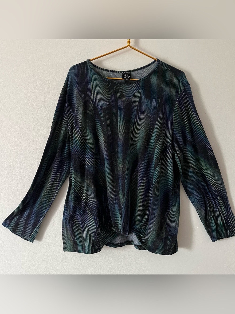 Clara Sunwoo Peacock Pinstripe Stretch Knit Tunic 2X Abstract Moody Made in USA.